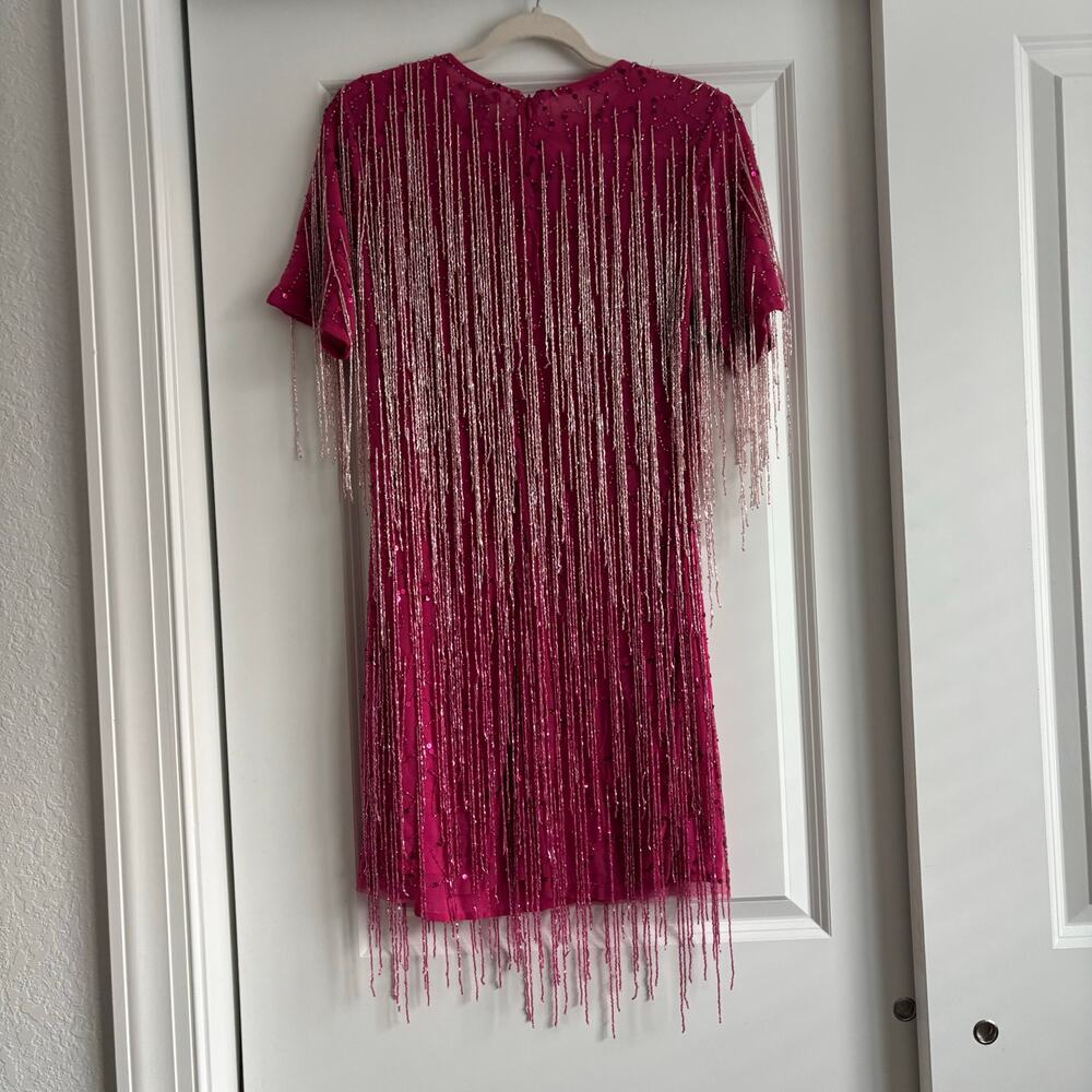 NWT Nasty Gal Tassel Beaded Mini Shift Dress Size 8 Party Hot Pink Festival - Picture 10 of 13